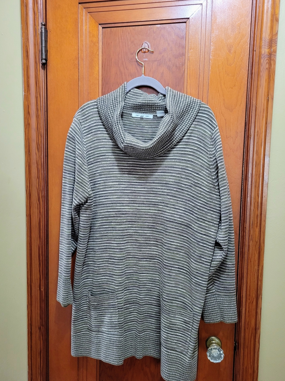 Cowl Neck Striped Knit Sweater - Olive Brown
